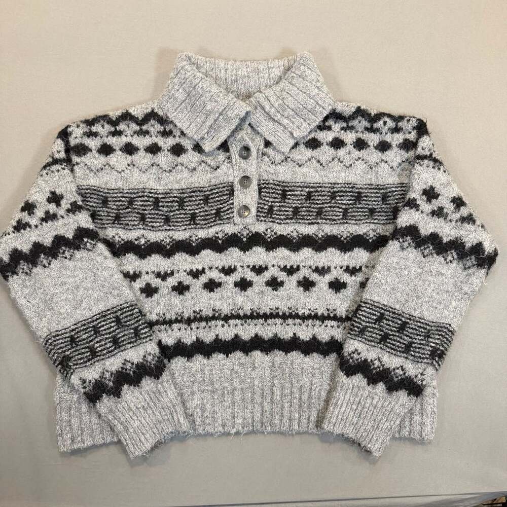 Universal Thread Fair Isle Polo Sweater Size L Gray Black Long Sleeve